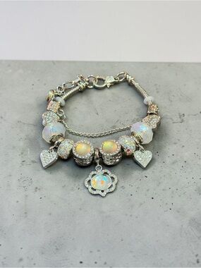 Silver Tone Iridescent Charm Bracelet with Hearts